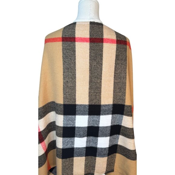 New Cashmere Blend Plaid Shawl Wrap With Fringe Camel Red Black - Picture 6 of 8